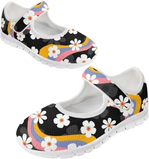 GOSTONG Women's Art Flowers Casual Shoes Single Buckle Sneakers Lightweight Non Slip Walking Shoes for Daily Wear White Size 5.5-10