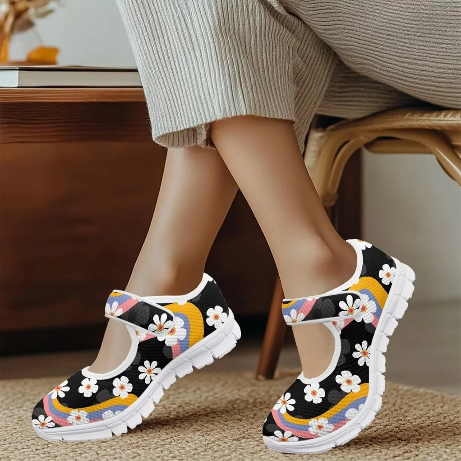 GOSTONG Women's Art Flowers Casual Shoes Single Buckle Sneakers Lightweight Non Slip Walking Shoes for Daily Wear White Size 5.5-10