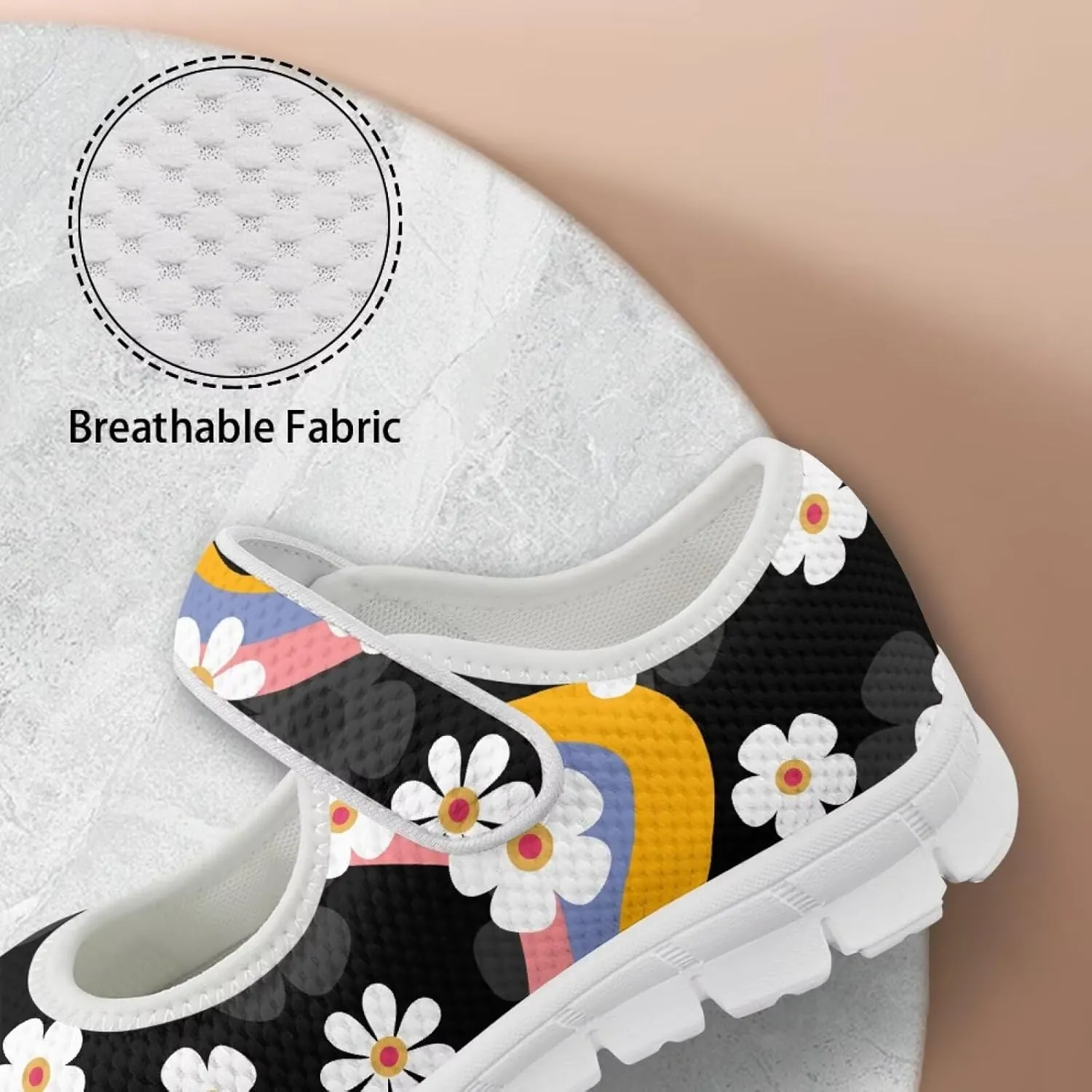 GOSTONG Women's Art Flowers Casual Shoes Single Buckle Sneakers Lightweight Non Slip Walking Shoes for Daily Wear White Size 5.5-10