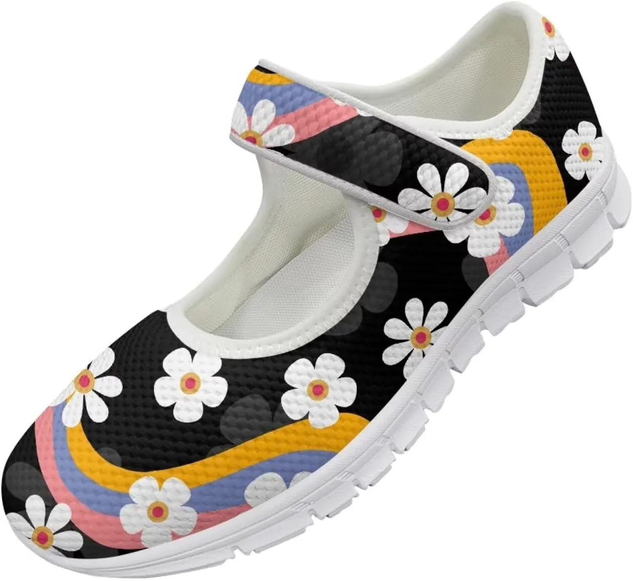 GOSTONG Women's Art Flowers Casual Shoes Single Buckle Sneakers Lightweight Non Slip Walking Shoes for Daily Wear White Size 5.5-10