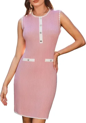 GRACE KARIN Women's 2025 Summer Sleeveless Mini Dresses Button Crew Neck Contrast Elegant Sweater Tank Dress