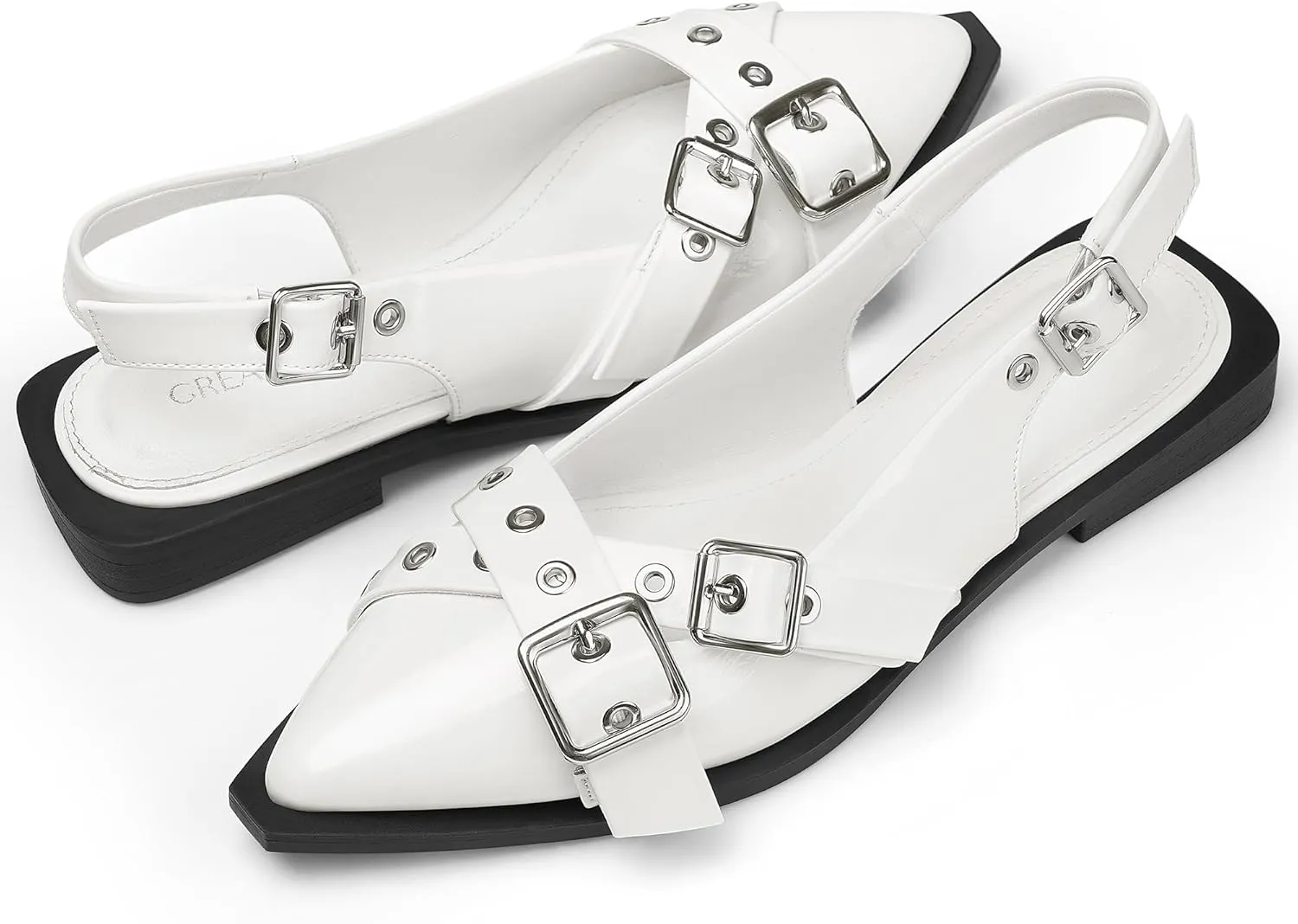 Greatonu Women's Slingback Flats Buckle Pointed Closed Toe Flat Shoes Comfortable Low Block Heel Mary Jane Casual Party Dressy Shoes