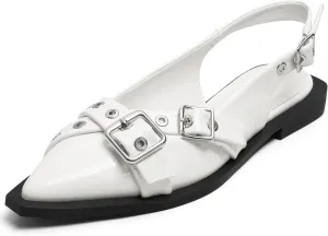 Greatonu Women's Slingback Flats Buckle Pointed Closed Toe Flat Shoes Comfortable Low Block Heel Mary Jane Casual Party Dressy Shoes