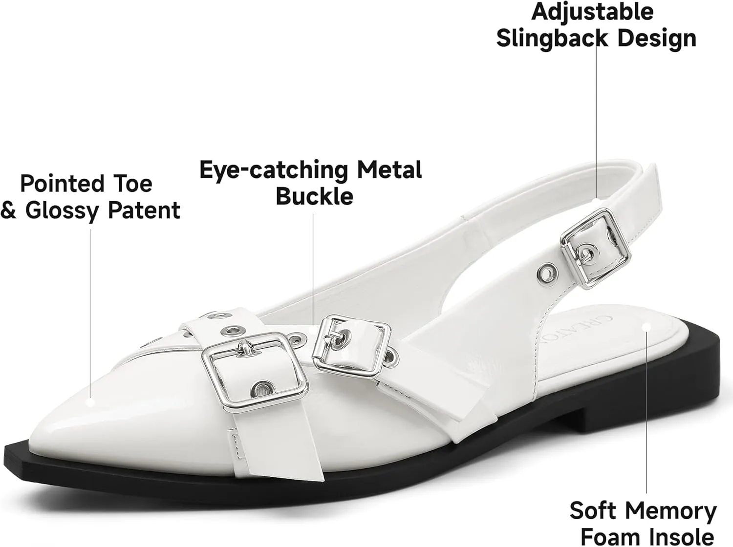 Greatonu Women's Slingback Flats Buckle Pointed Closed Toe Flat Shoes Comfortable Low Block Heel Mary Jane Casual Party Dressy Shoes
