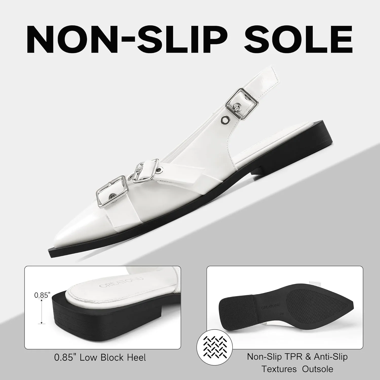 Greatonu Women's Slingback Flats Buckle Pointed Closed Toe Flat Shoes Comfortable Low Block Heel Mary Jane Casual Party Dressy Shoes