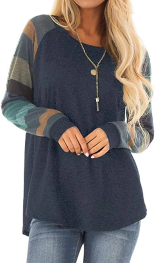 Halife Women's Lightweight Color Block Long Sleeve Loose Fit Pullover Sweatshirts Tunics Tops Shirts