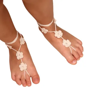 Hand Crochet Flower Barefoot Sandals, Boho Beach Wedding Shoes, Flower Girl Foot Jewelry, Flower Girl Gift, Boho Beach Shoes, Mommy and Me Beach Outfit (Ivory, XS Kid size 11-2)