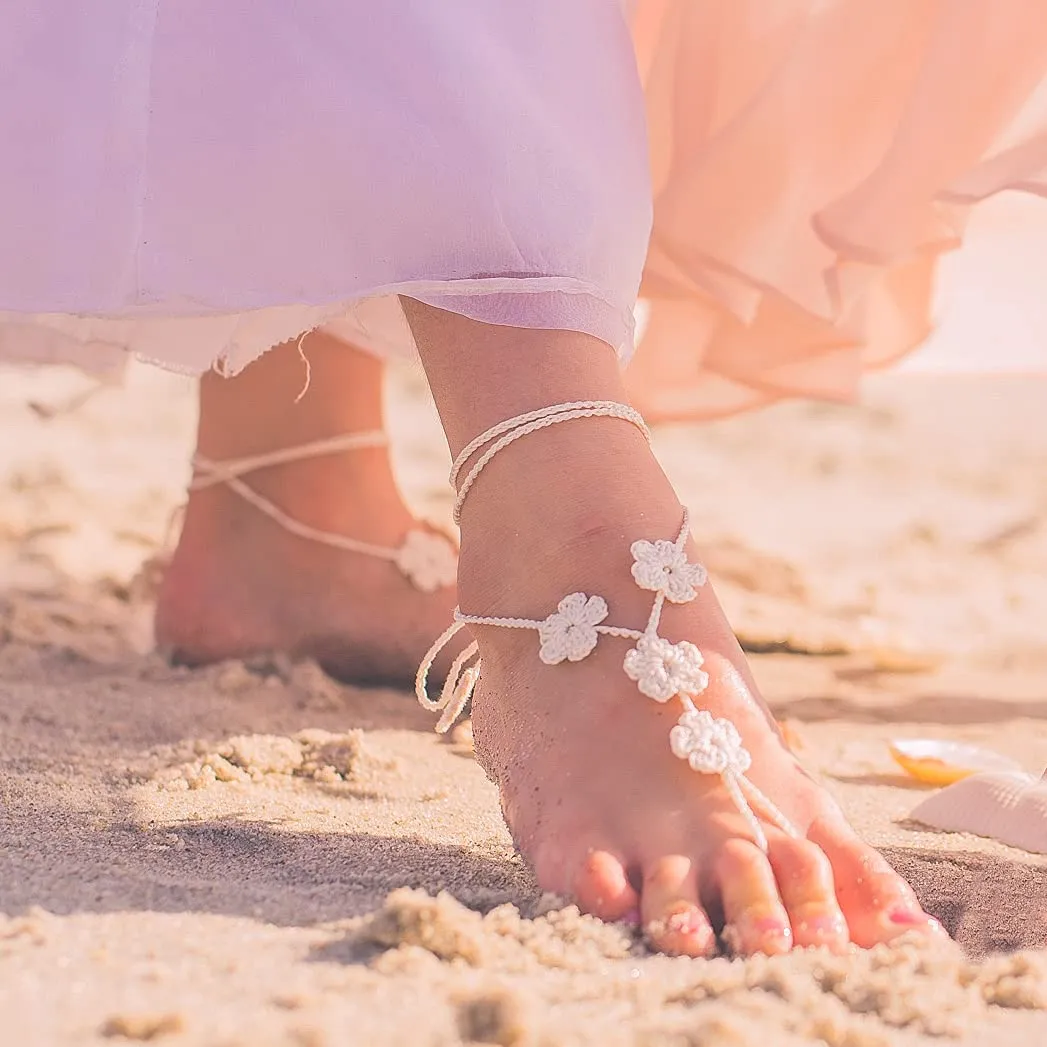 Hand Crochet Flower Barefoot Sandals, Boho Beach Wedding Shoes, Flower Girl Foot Jewelry, Flower Girl Gift, Boho Beach Shoes, Mommy and Me Beach Outfit (Ivory, XS Kid size 11-2)