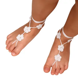 Hand Crochet Flower Barefoot Sandals, Boho Beach Wedding Shoes, Flower Girl Foot Jewelry, Flower Girl Gift, Boho Beach Shoes, Mommy and Me Beach Outfit (White, XS Kid size 11-2)