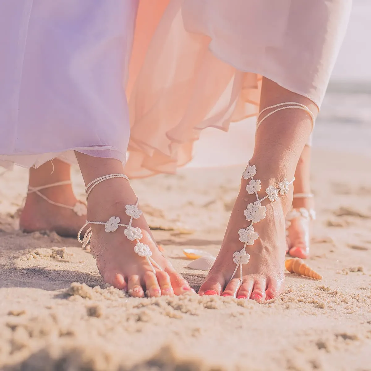 Hand Crochet Flower Barefoot Sandals, Boho Beach Wedding Shoes, Flower Girl Foot Jewelry, Flower Girl Gift, Boho Beach Shoes, Mommy and Me Beach Outfit (White, XS Kid size 11-2)