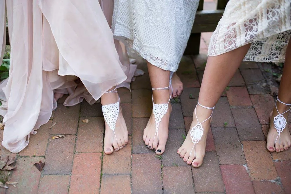 Handmade Beach Wedding Barefoot Sandals, White Crochet Lace, Adjustable One Size Foot Jewelry, Women's Bridal Footwear, and Shoe Alternative (White)