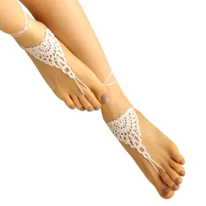 Handmade Beach Wedding Barefoot Sandals, White Crochet Lace, Adjustable One Size Foot Jewelry, Women's Bridal Footwear, and Shoe Alternative (White)