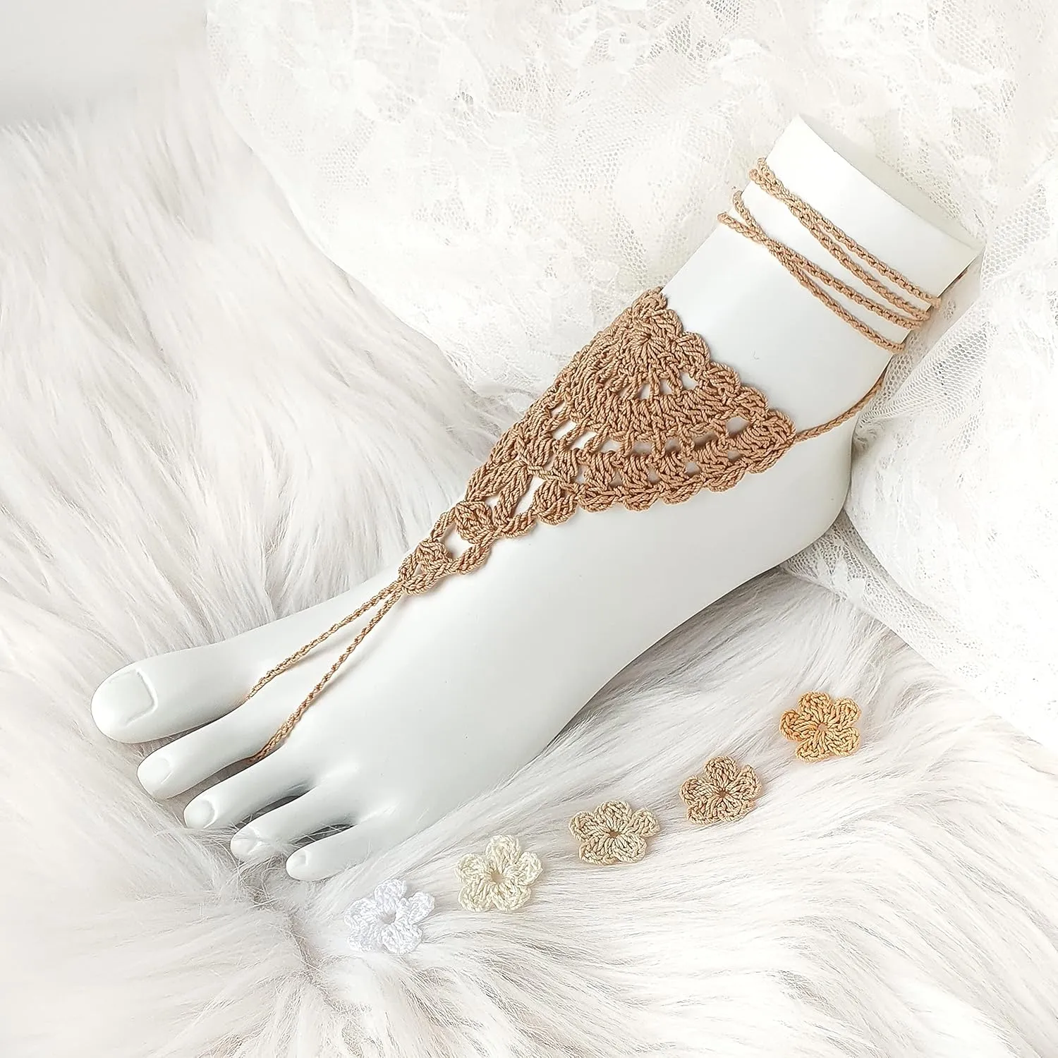 Handmade Beach Wedding Barefoot Sandals, White Crochet Lace, Adjustable One Size Foot Jewelry, Women's Bridal Footwear, and Shoe Alternative (White)