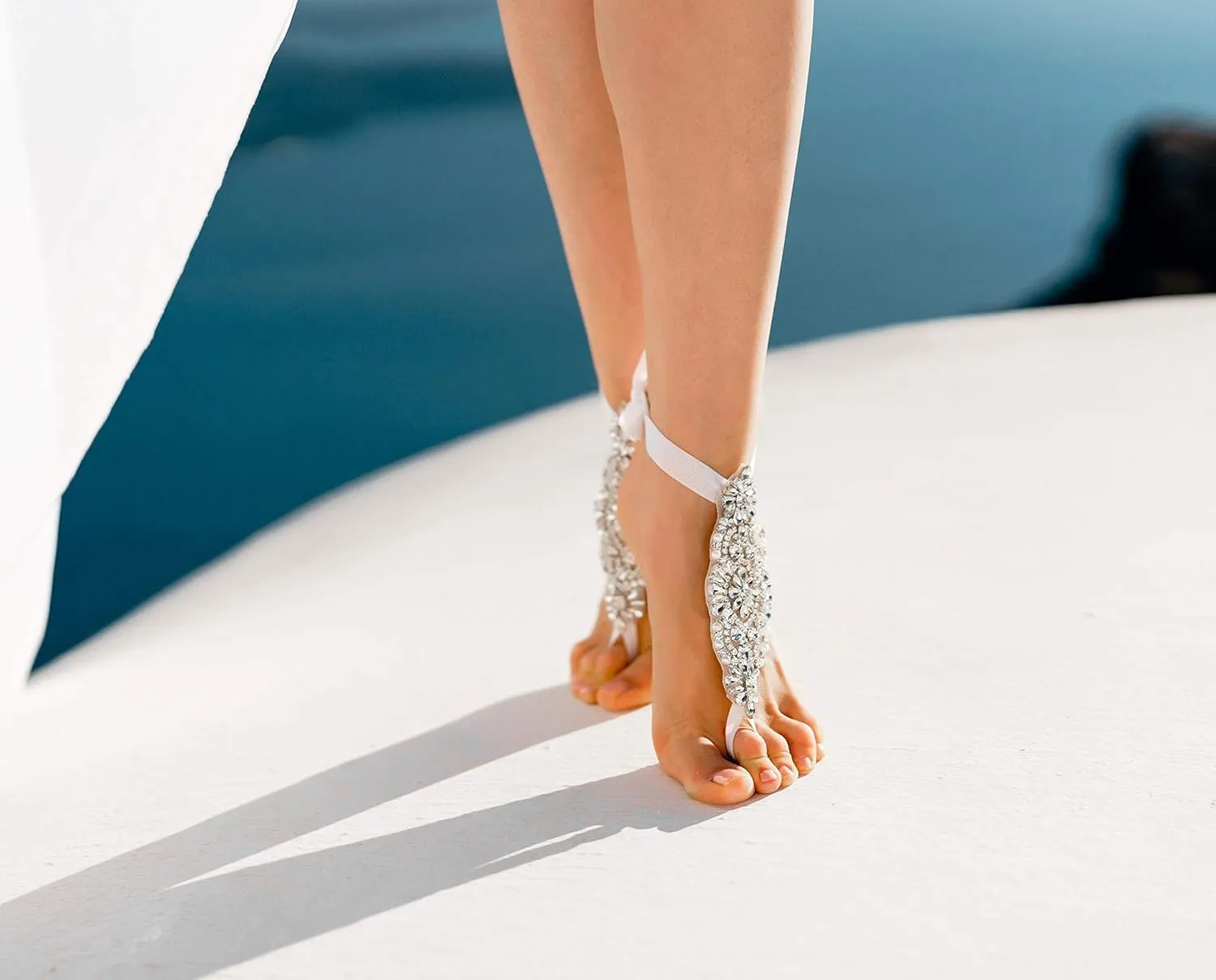 Handmade Bridal Barefoot Sandals, Crystal Women Foot Jewelry for Beach Wedding Bride, Comfortable Shoe Alternative for Sandy Shores (Silver - White)