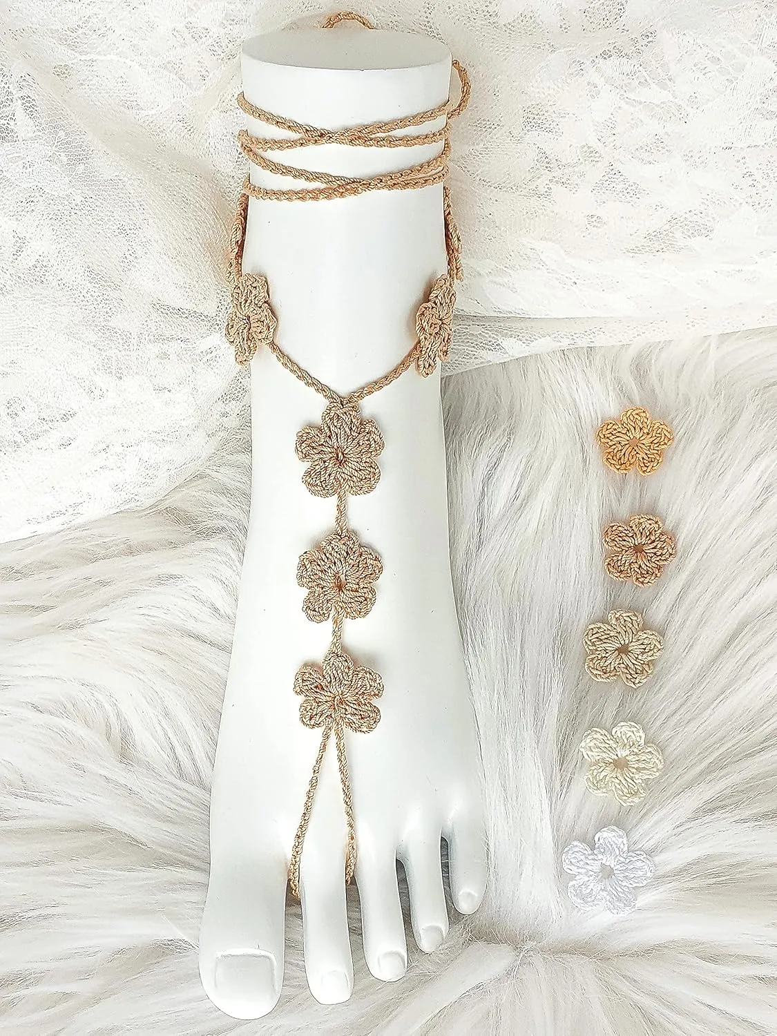 Handmade Flower Barefoot Sandals, Boho Beach Wedding Shoes, Comfortable Women Foot Jewelry, Bridesmaids Gift, Crochet Lace Soleless Shoes, Bridal Footwear, Adjustable One Size Fit All (Brown)