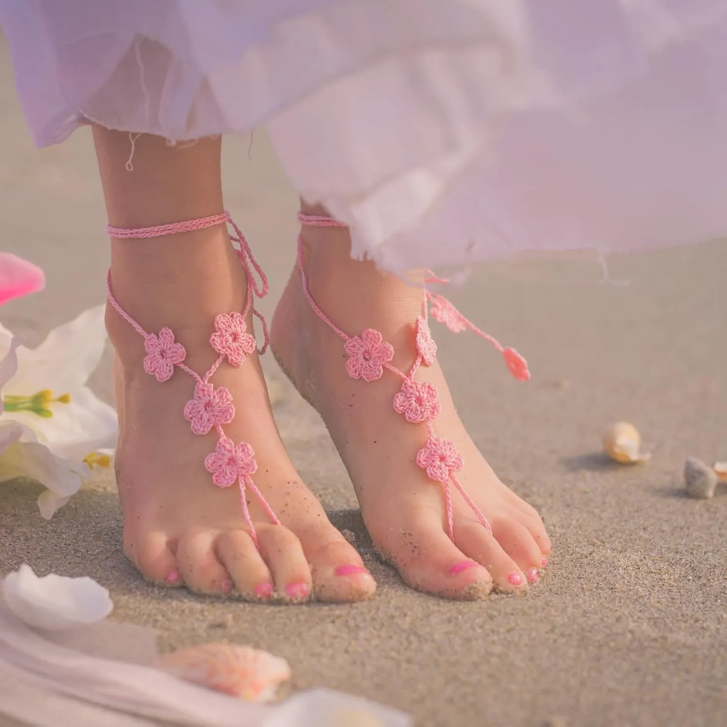 Handmade Flower Barefoot Sandals, Boho Beach Wedding Shoes, Women Foot Jewelry, Bridesmaids Gift, Crochet Lace Soleless Shoes, Beach Bridal Footwear, Adjustable One Size Foot Accessory(Light Pink)
