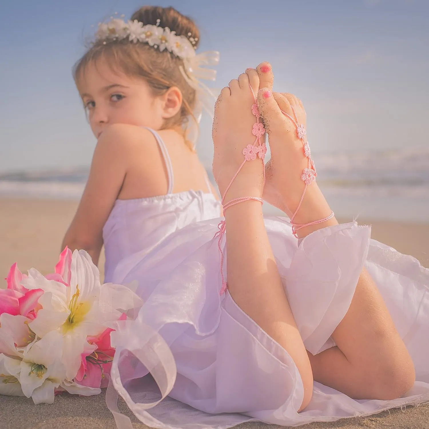 Handmade Flower Barefoot Sandals, Boho Beach Wedding Shoes, Women Foot Jewelry, Bridesmaids Gift, Crochet Lace Soleless Shoes, Beach Bridal Footwear, Adjustable One Size Foot Accessory(Light Pink)