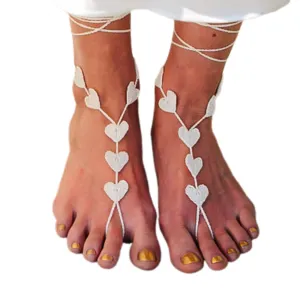 Handmade Heart Barefoot Sandals, Beach Wedding Bridal Anklet Foot Jewelry, Valentines Gift for Women, Boho White Crochet Lace Botomless Shoes, Adjustable One Size Bridal Footwear (Ivory)