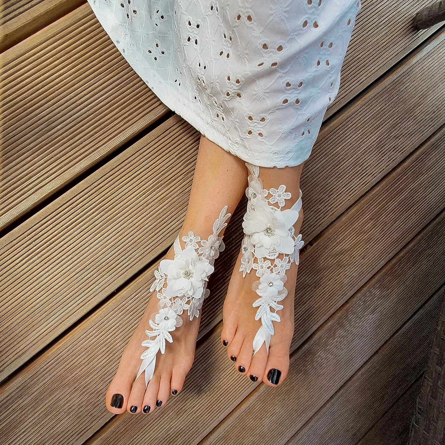 Handmade Lace Boho Barefoot Sandals for Women, Destination Honeymoon Bride Gift, Foot Jewelry, Beach Wedding Shoes, Footless Sandles, Shoe Alternative for the Beach (Black & Organza Flower)