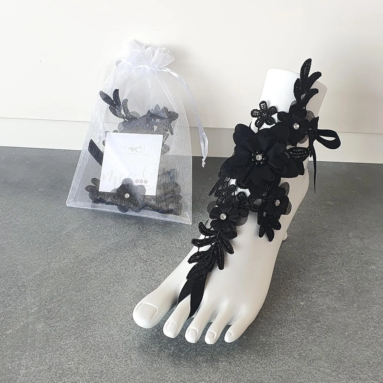 Handmade Lace Boho Barefoot Sandals for Women, Destination Honeymoon Bride Gift, Foot Jewelry, Beach Wedding Shoes, Footless Sandles, Shoe Alternative for the Beach (Black & Organza Flower)