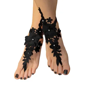 Handmade Lace Boho Barefoot Sandals for Women, Destination Honeymoon Bride Gift, Foot Jewelry, Beach Wedding Shoes, Footless Sandles, Shoe Alternative for the Beach (Black & Organza Flower)