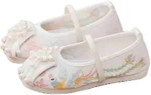 Hcclijo Children Pearl Shoes Floral Flats Ancient Round Toe Kids Elastic Band Traditional Hanfu Oriental Embroidery