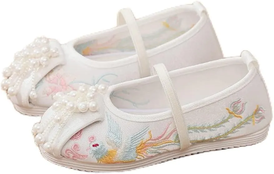 Hcclijo Children Pearl Shoes Floral Flats Ancient Round Toe Kids Elastic Band Traditional Hanfu Oriental Embroidery