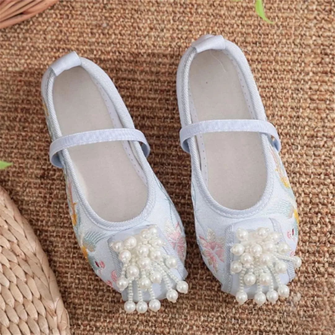 Hcclijo Children Pearl Shoes Floral Flats Ancient Round Toe Kids Elastic Band Traditional Hanfu Oriental Embroidery