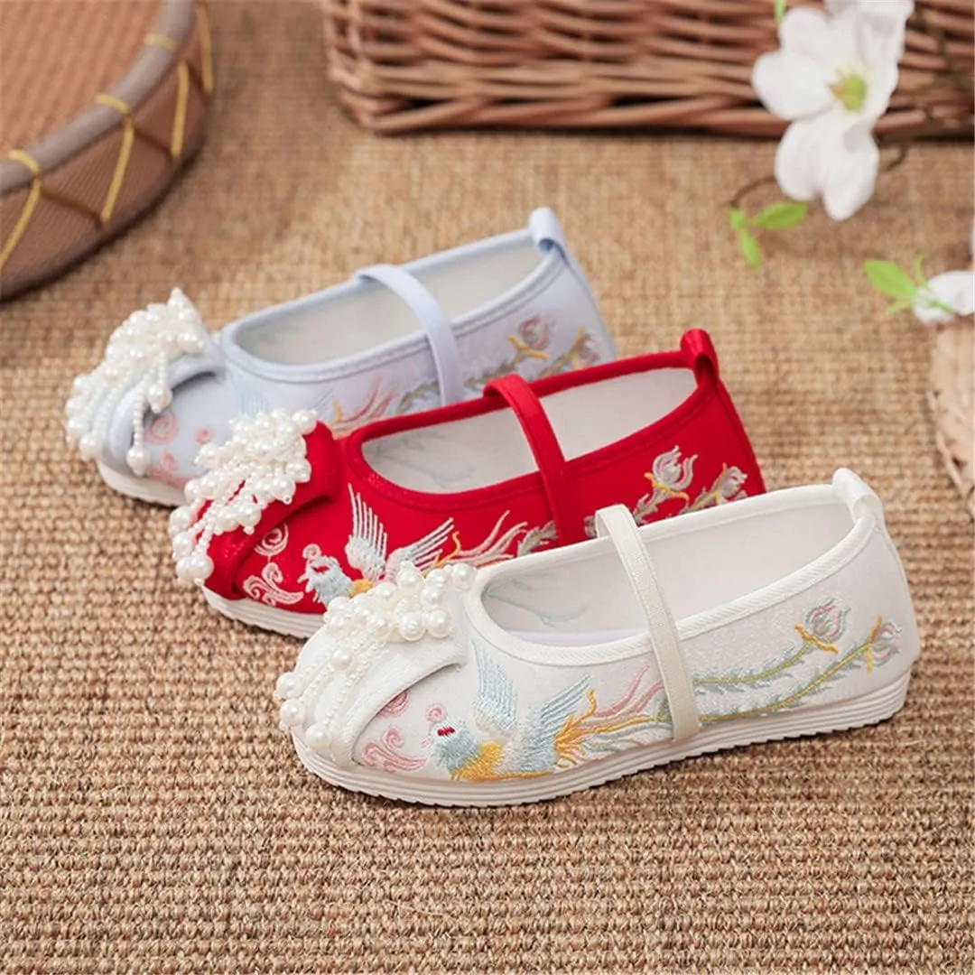 Hcclijo Children Pearl Shoes Floral Flats Ancient Round Toe Kids Elastic Band Traditional Hanfu Oriental Embroidery