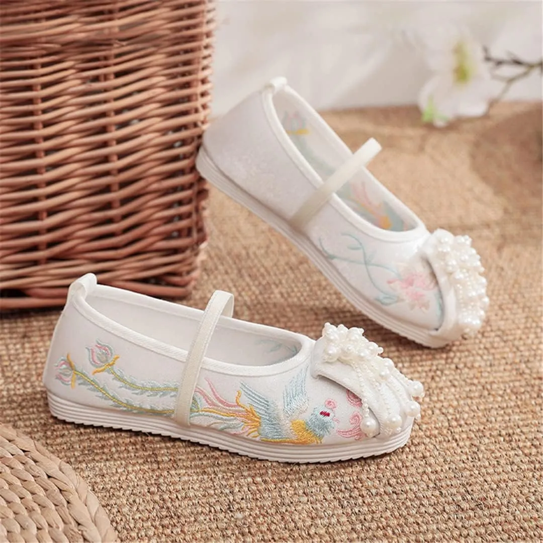 Hcclijo Children Pearl Shoes Floral Flats Ancient Round Toe Kids Elastic Band Traditional Hanfu Oriental Embroidery