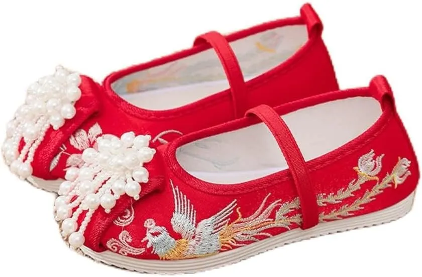 Hcclijo Children Pearl Shoes Floral Flats Ancient Round Toe Kids Elastic Band Traditional Hanfu Oriental Embroidery