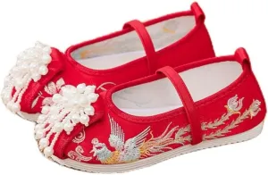 Hcclijo Children Pearl Shoes Floral Flats Ancient Round Toe Kids Elastic Band Traditional Hanfu Oriental Embroidery