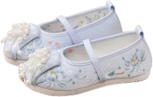 Hcclijo Floral Children Pearl Shoes Flats Ancient Round Toe Kids Traditional Hanfu Oriental EmbroidePhoenix Poeny