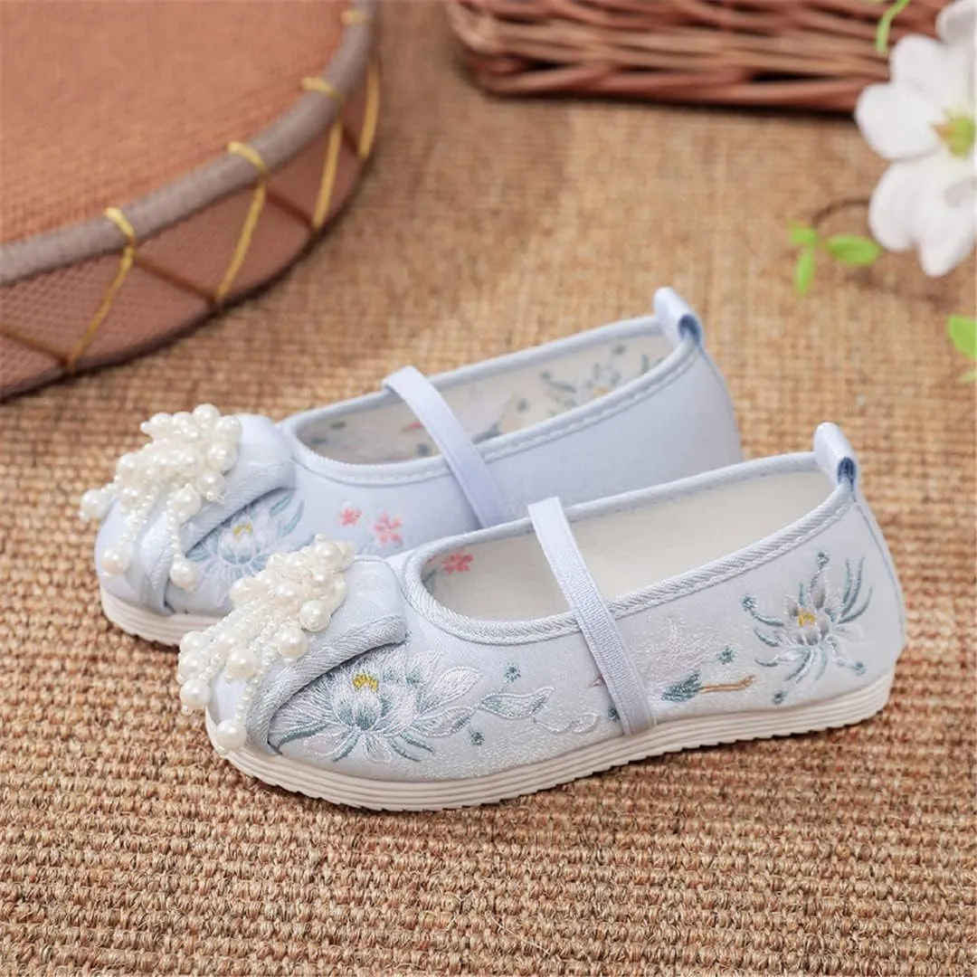 Hcclijo Floral Children Pearl Shoes Flats Ancient Round Toe Kids Traditional Hanfu Oriental EmbroidePhoenix Poeny