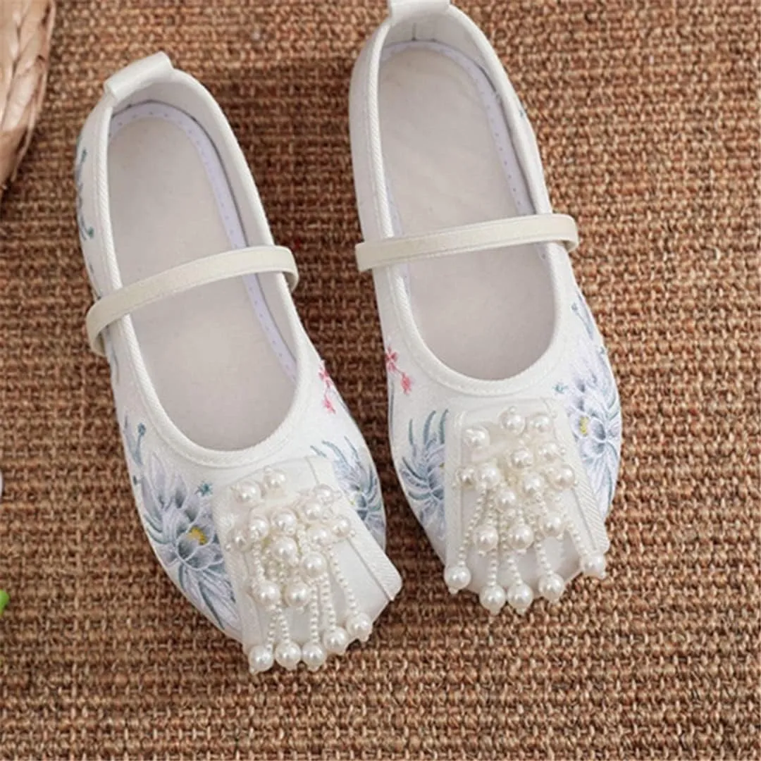 Hcclijo Floral Children Pearl Shoes Flats Ancient Round Toe Kids Traditional Hanfu Oriental EmbroidePhoenix Poeny