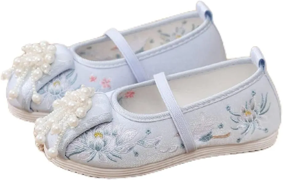 Hcclijo Floral Children Pearl Shoes Flats Ancient Round Toe Kids Traditional Hanfu Oriental EmbroidePhoenix Poeny