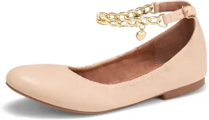 HEEZ Women's Ballet Flats Shoes, Stylish Dress Shoes, Fashion Leather Flats with Mini Block Heel, Removable Ankle Straps, Round Toe, Flexible Anti-Slip TPR Outsole