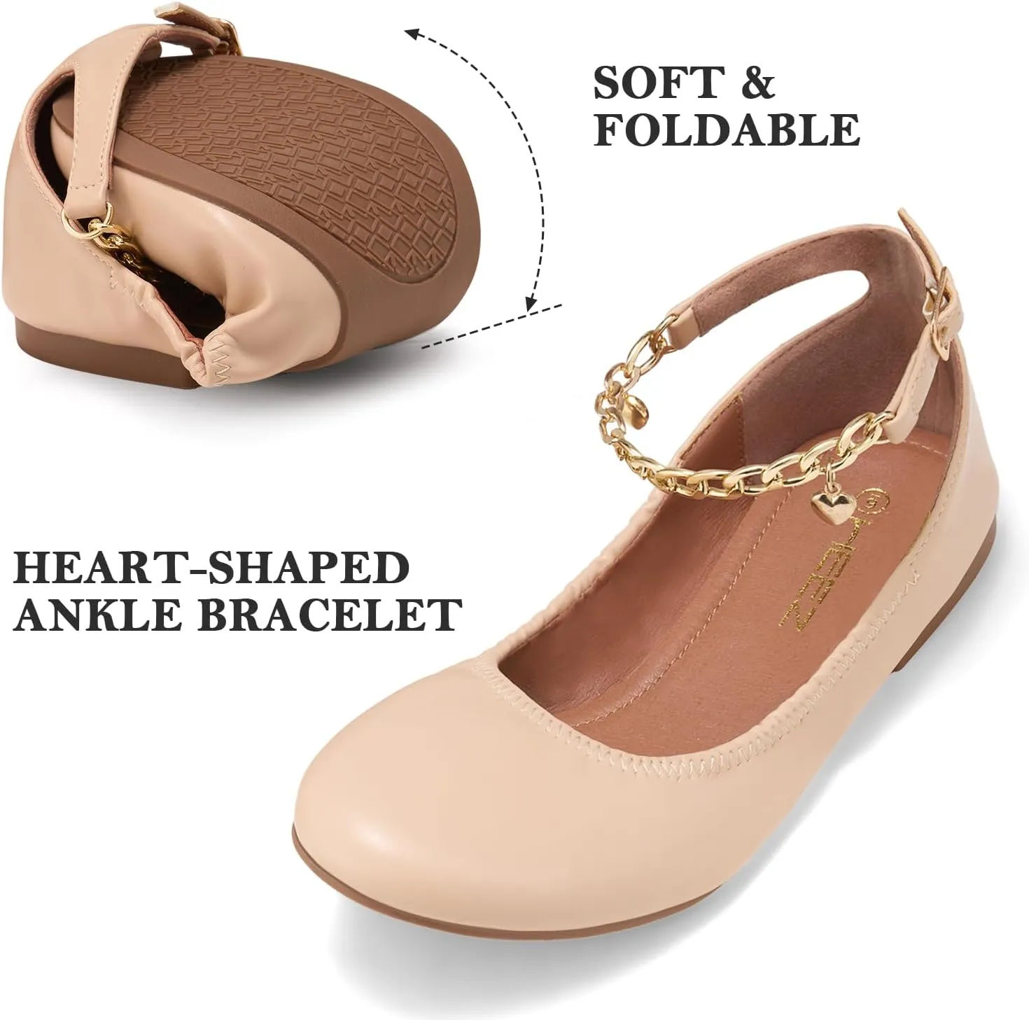 HEEZ Women's Ballet Flats Shoes, Stylish Dress Shoes, Fashion Leather Flats with Mini Block Heel, Removable Ankle Straps, Round Toe, Flexible Anti-Slip TPR Outsole
