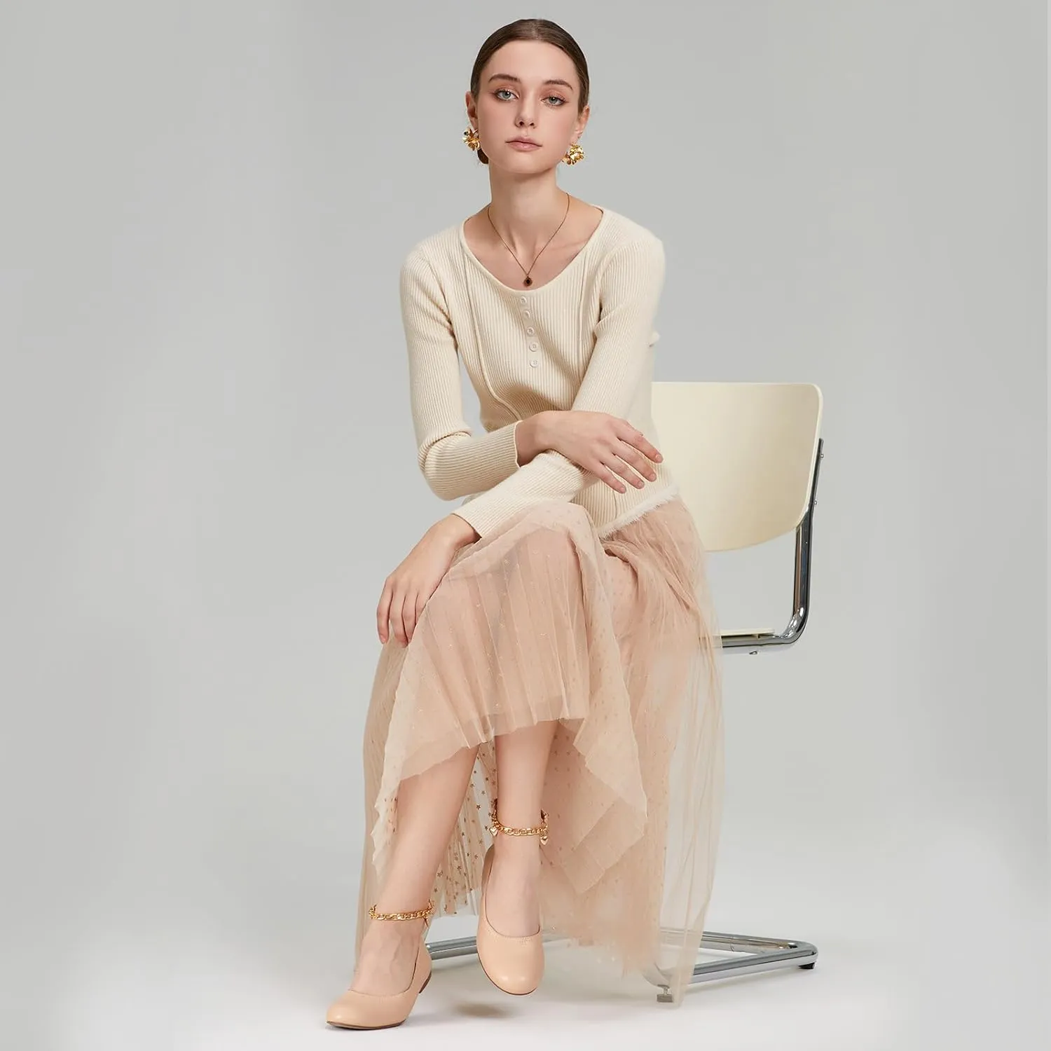 HEEZ Women's Ballet Flats Shoes, Stylish Dress Shoes, Fashion Leather Flats with Mini Block Heel, Removable Ankle Straps, Round Toe, Flexible Anti-Slip TPR Outsole