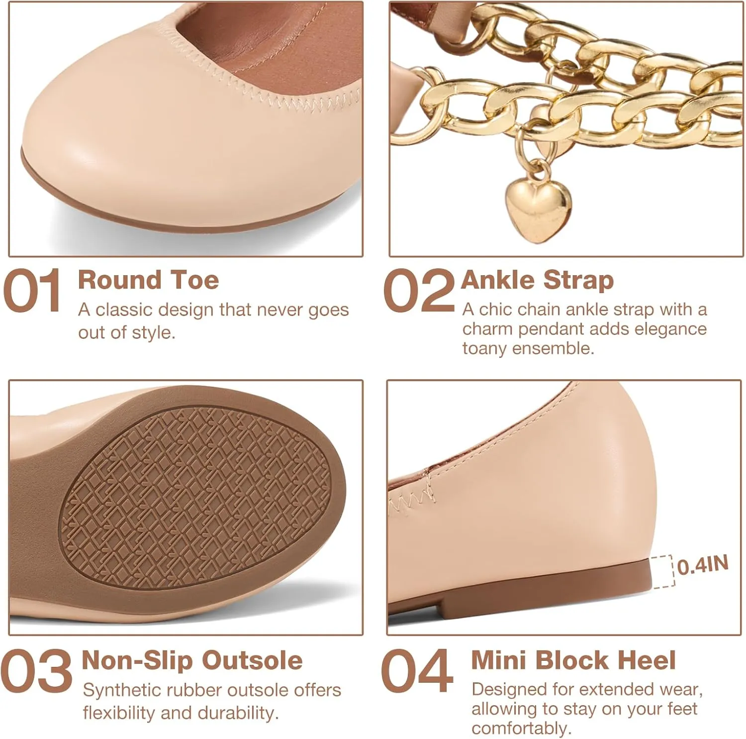 HEEZ Women's Ballet Flats Shoes, Stylish Dress Shoes, Fashion Leather Flats with Mini Block Heel, Removable Ankle Straps, Round Toe, Flexible Anti-Slip TPR Outsole