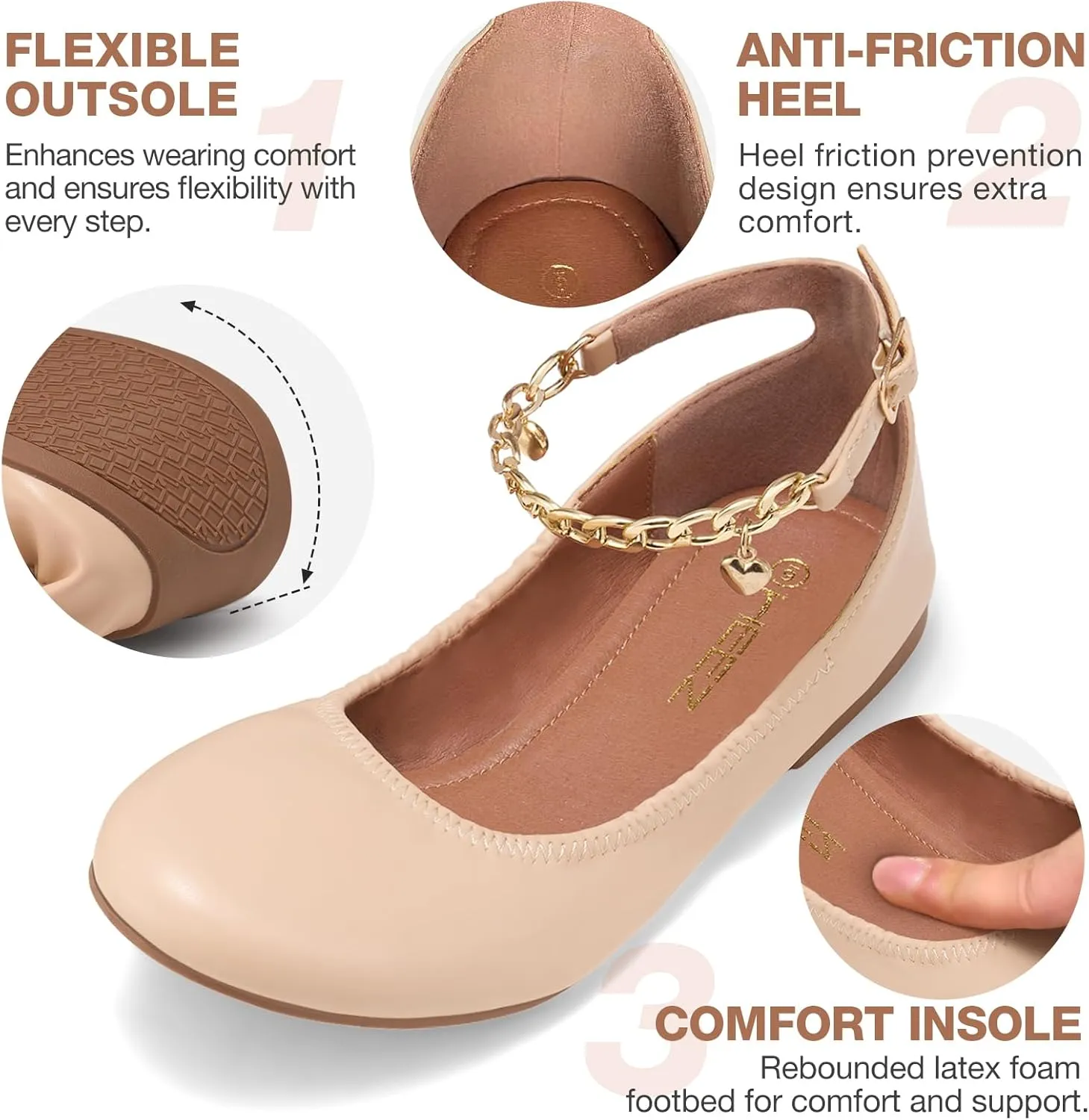 HEEZ Women's Ballet Flats Shoes, Stylish Dress Shoes, Fashion Leather Flats with Mini Block Heel, Removable Ankle Straps, Round Toe, Flexible Anti-Slip TPR Outsole