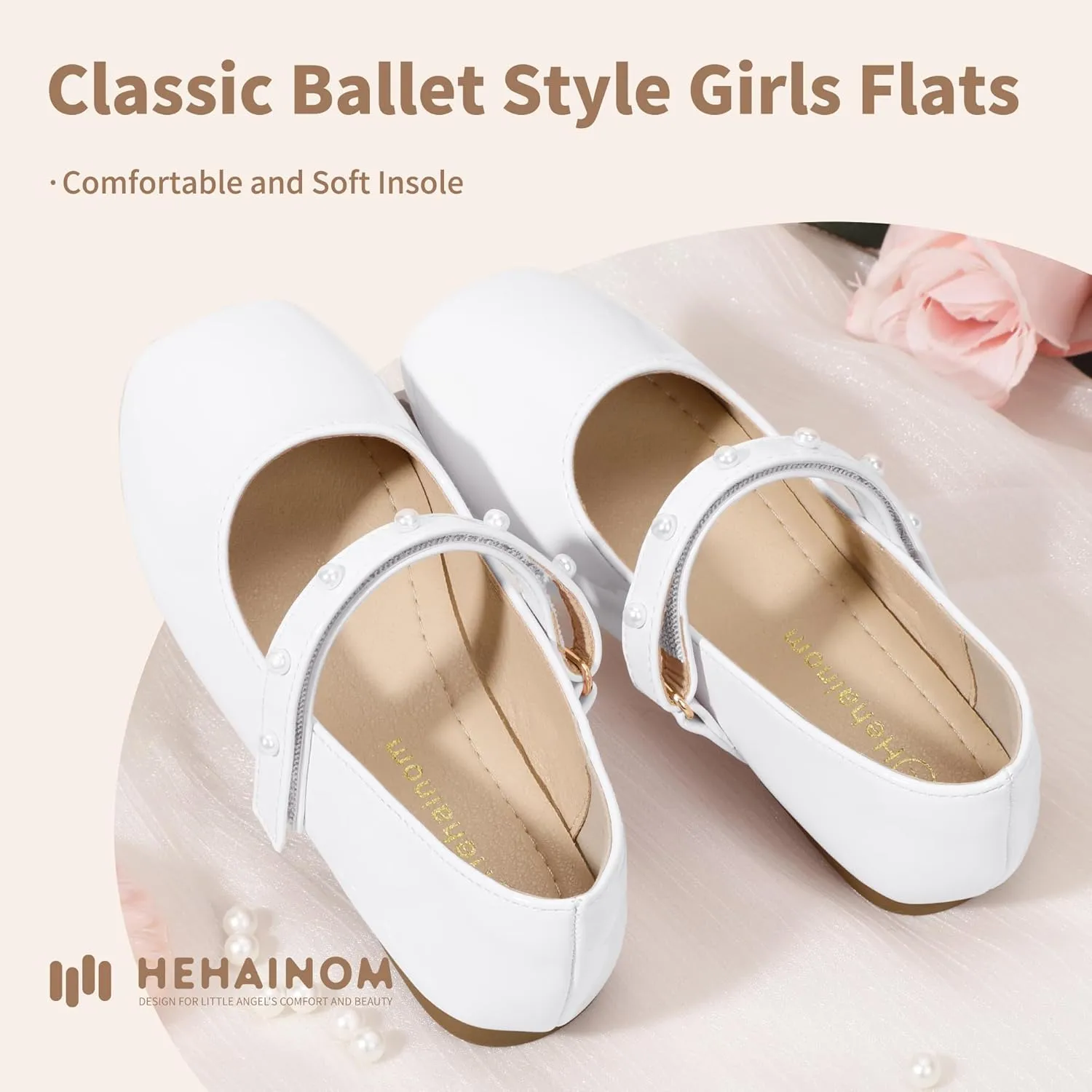 Hehainom Girls Dress Shoes Flower Girl Ballet Flats for Little Big Kids Todder Wedding Party Peals Shoes