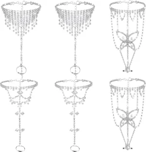 Hicarer 6 Pieces Foot Jewelry Barefoot Sandals for Women Rhinestone Anklets Bohemian Foot Chain for Beach Wedding Valentine's Day