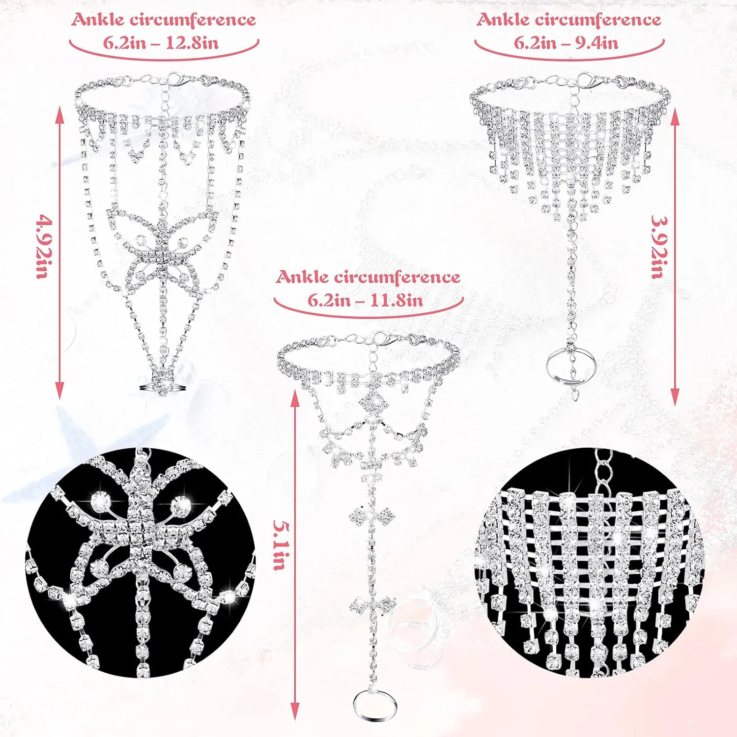Hicarer 6 Pieces Foot Jewelry Barefoot Sandals for Women Rhinestone Anklets Bohemian Foot Chain for Beach Wedding Valentine's Day