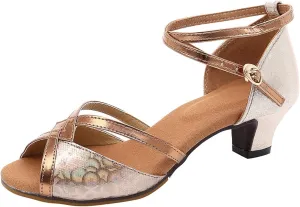 High Heels for Women Latin Dance Shoes Open Toe Heels with Ankle Strap Satin Ballroom Practice Performance Shoes