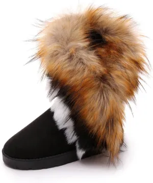 HINDOLA Warm Fur Boots for Women Winter Faux Fur Tassel Shoes Plush Snow Boots Ankle Booties Faux Suede Boots Anti Slip Outdoor Indoor Flat Shoes