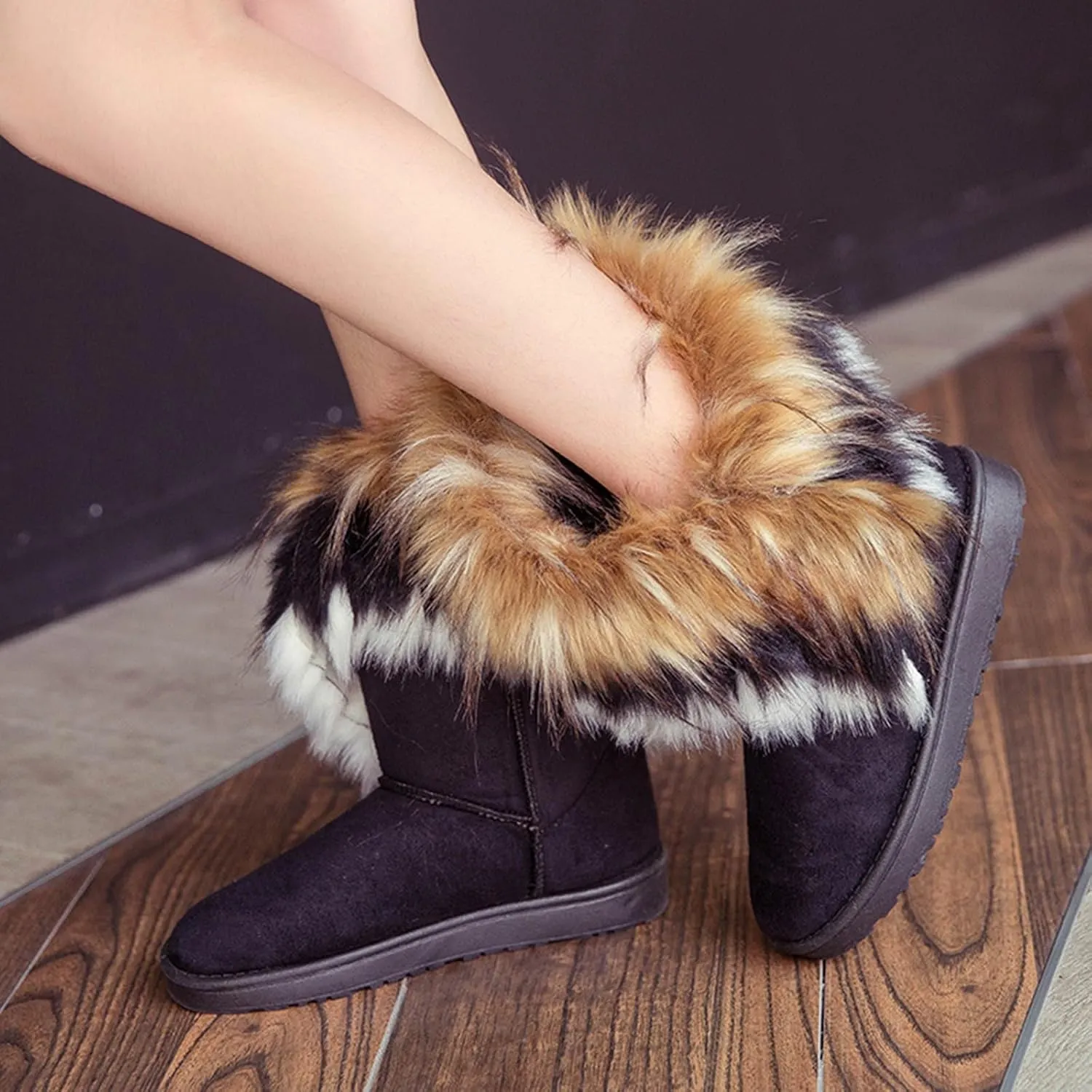 HINDOLA Warm Fur Boots for Women Winter Faux Fur Tassel Shoes Plush Snow Boots Ankle Booties Faux Suede Boots Anti Slip Outdoor Indoor Flat Shoes