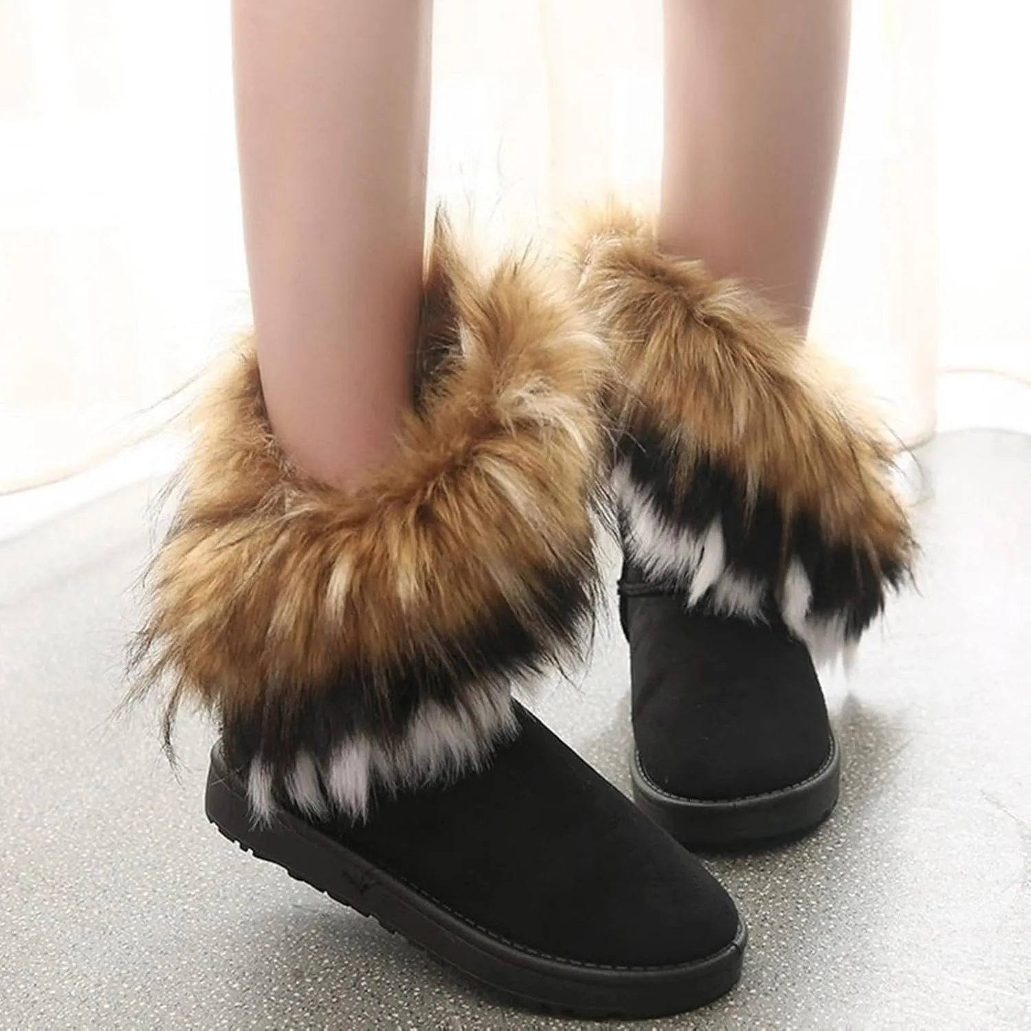 HINDOLA Warm Fur Boots for Women Winter Faux Fur Tassel Shoes Plush Snow Boots Ankle Booties Faux Suede Boots Anti Slip Outdoor Indoor Flat Shoes