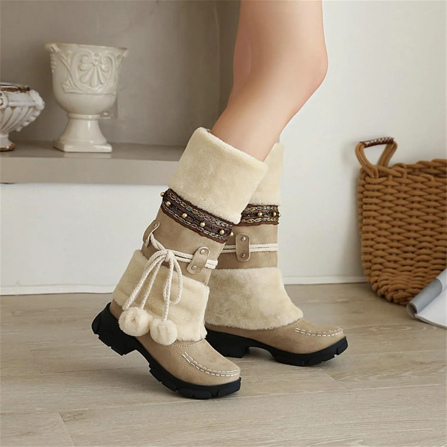 HINDOLA Women's Snow Boots Anti-Slip Waterproof Outdoor Shoes Winter Mid Calf Boots Warm Fur Lined Comfortable Booties for Women