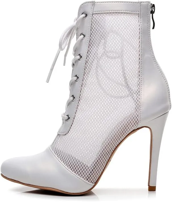 HIPPOSEUS Women's Heels Dance Boot Closed Toe High Heel Mesh Ankle Dance Shoes